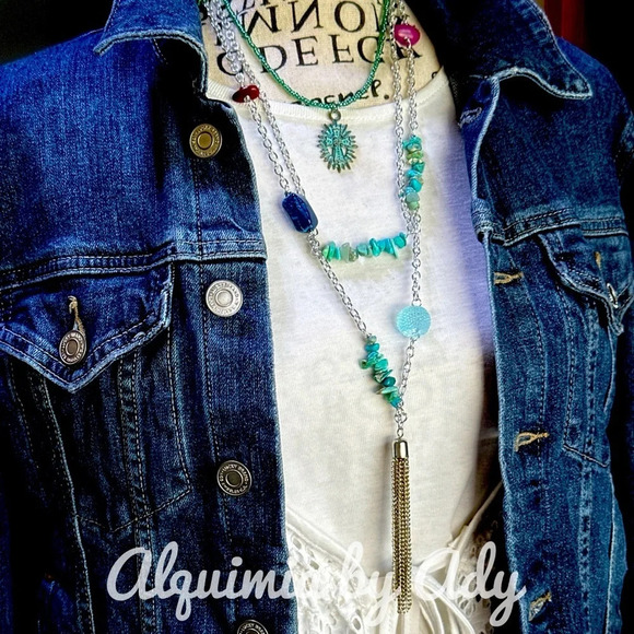 Layered Turquoise cross extra long beaded necklace for cozy sweaters - Picture 1 of 8